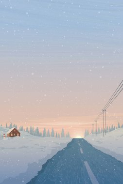 Gün batımında kar yağışı, kırsal bölgede, karla kaplı kır evinde, siluet çam ormanı ve vanilya gökyüzü dikey arkaplan grafikleri var..