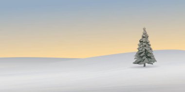 Minimalist gün batımı kar manzarası yalnız çam ağacının vanilya gökyüzü arkaplan çizimine sahip.