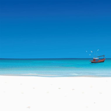 White sand beach and tropical blue sea with fishing boat followed by seagulls have blue sky square background graphic illustration. Traveling in summer concept have blank space. clipart