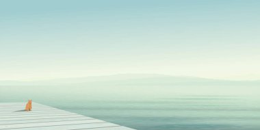 Tahta iskelede oturan yalnız kedinin minimalist deniz manzarası dağ sıraları ve vanilya gökyüzü arkaplan çizimleri.