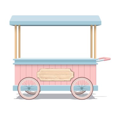 Sokak tezgahı pastel, izole edilmiş grafik çizimlerini hazırlıyor. Ürün sunumunu tezgahın üstüne ve boş tahta tabelalara koymak için boş yerleri var. Küçük işletme ve sokak yemekleri konsepti.