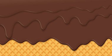 Erimiş çikolata, gofret desenli sarı kahverengi renkli grafiklere dökülüyor..