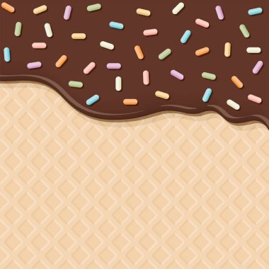 Erimiş sütlü çikolatalı dondurma üzerine renkli şeker serpiştirilmiş dondurma dondurma. Dondurma külahı dokusu kare grafiksel resimleme üzerine dökülüyor..