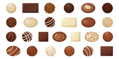 Çikolatalı pralinler üst görünümde izole edilmiş koleksiyon grafikleri.