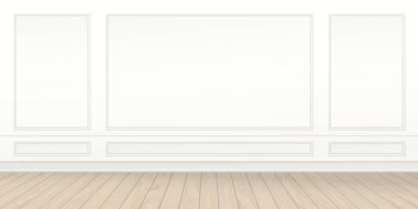 Eski beyaz duvarlı boş oda ve ahşap döşeme grafikleri.