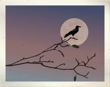 Yapraksız bir dala tünemiş siluet karga eski fotoğraf dolunay ve dramatik gökyüzü arkaplan solgunluk durumu grafik boş bir boşluk var.