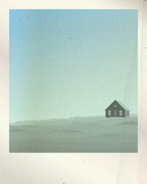 Minimalist kırsal manzaraya ait eski bir fotoğraf kağıdı. Çimen tarlasında odun kabini ve grafik resimlerinde boş alan var..