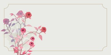 Bej yatay arkaplan üzerinde altın çerçeveli gül çiçekleri sürrealizmi canlı renkleri boş bir alana sahiptir. Sevgililer Günü tebrik kartı şablonu. Yabani otlar için davetiye şablonu.