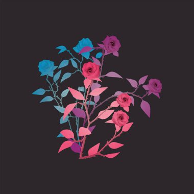 Gül çiçekleri sürrealizmi koyu gri kare arkaplan grafikleri üzerine izole edilmiş canlı renkler. Sevgililer Günü tebrik kartı şablonu.