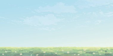 Minimalist pastel çim tarlası ve beyaz çiçek manzarası mavi gökyüzü arkaplan grafik resimlerinde boş alan var.