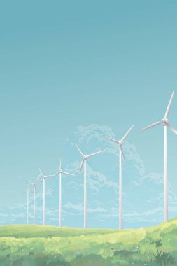 Kırsal bölgedeki tepede mavi gökyüzü dikey arkaplan grafikli rüzgar türbinleri. Sürdürülebilir yenilenebilir yeşil enerji kavramı boş alana sahiptir. 