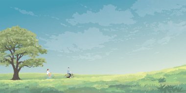 Minimalist çim tepe manzarası büyük bir ağaçla birlikte bahar mevsiminde bisiklete binen iki aşığı var..