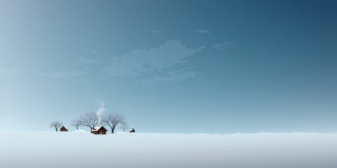 Minimalist kırsal bölgelerde, küçük bir kasaba ve yapraksız ağaçlarla açık gökyüzü resimli..