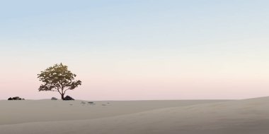 Vanilya gökyüzü arkaplan grafikli kuru toprakların ortasındaki siluet ağacının boş bir alanı var.