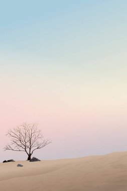 Vanilya gökyüzü dikey arkaplan grafikli kurumuş toprakların ortasındaki siluet yapraklı ağaç boş bir alana sahiptir.