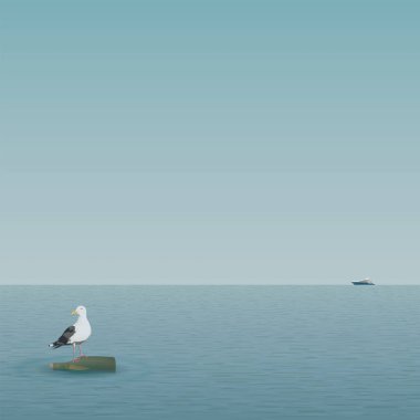 Minimalist deniz manzarasının, denizin ortasında yüzen bir şişe likörün üzerinde bir martı vardır..
