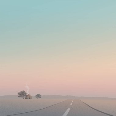 Gün batımında kır evi olan minimalist kırsal bölgede ovadan dağ sıralarına giden yerel bir yol çizilmiş kare şablonu var.. 