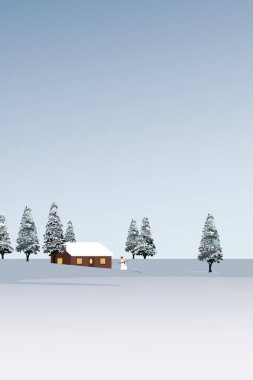 Kır evi, kardan adam ve çam ormanlarıyla minimalist kar manzarası mavi gökyüzü dikey arkaplan resimlerine sahiptir.
