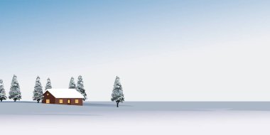 Kır evi ve çam ormanı grafikli minimalist kar manzarası.