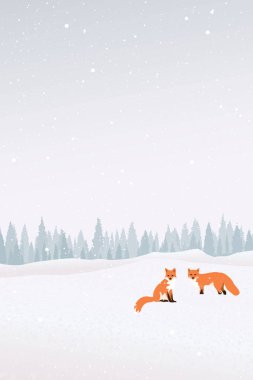 İki tilki ile minimalist kar manzarasında kar yağışı çok uzakta dikey bir çam ormanına sahiptir..