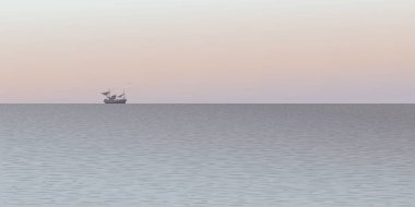 Minimalist deniz manzaralı siluet balıkçı teknesi, vanilyalı gökyüzü arkaplan resimlerine sahiptir.