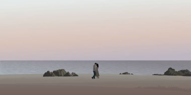 Deniz manzarasında öpüşen bir çift vanilya gökyüzü arkaplan çizimine sahiptir.