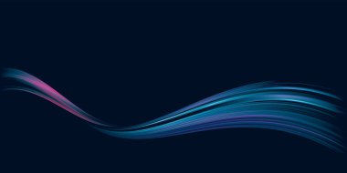 Soyut pembe ve mavi neon ışık dinamik dalgaları koyu mavi arkaplan grafikleri üzerinde boş bir alana sahiptir.