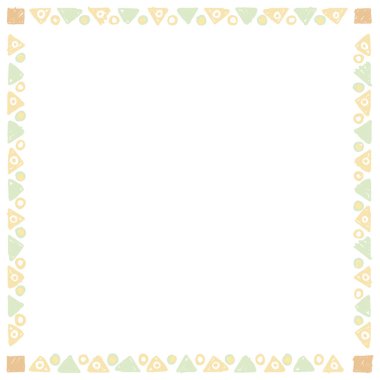 Boş kare çerçeve, çeşitli pastel geometrik şekillerden, beyaz arkaplan grafik illüstrasyonunda çocuksu el çizimi tarzından oluşur..