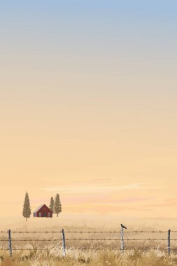 Sonbaharda buğday tarlasının ortasındaki ahşap kır evi ve önünde dikenli tel çitler ve günbatımı gökyüzü dikey arkaplan grafikleri.