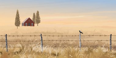 Sonbaharda buğday tarlasının ortasındaki ahşap kır evi. Önünde ve batımında dikenli tel çitler olan gökyüzü arkaplanı resimli..