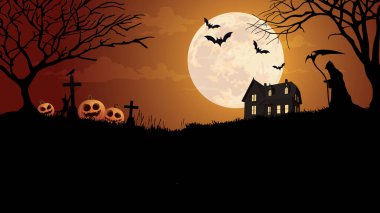 Cadılar Bayramı gecesi kabak, yarasa, karga, siluet ölü ağaç, perili köşk, ölüm haçı açısı ve dolunay resimleriyle mezarlık tepesi manzarası..