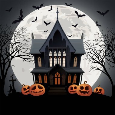 Mezarlığı, kabakları, ölü ağacı ve yarasaları olan tepedeki siluet perili köşkte gökyüzü kare grafiksel resimlerinde dolunay vardır..