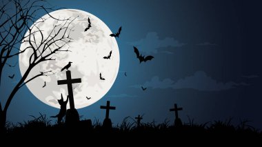 Ölü ağaç, kedi, karga, yarasa ve gece gökyüzünde dolunay olan siluet mezarlık manzarası.