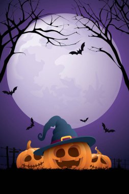 Cadılar Bayramı mor dikey arka planı dolunay, siluet ölü ağaçlar, yarasalar ve 3 boyutlu balkabağı Jack-O 'Lantern grafik resimlerinde boşluk var.