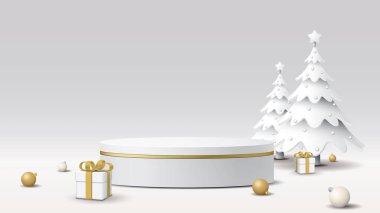 3D blank podium with decorated white Christmas trees and element on light gray background graphic illustration.