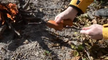 Sonbaharda ormanda sosis kızartmaya hazırlanan bir kız.