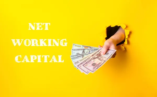 A hand holding a stack of money with the words Net Working Capital written below. The image has a yellow background and a black border