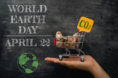 Üstünde CO2 yazan bir tabela olan alışveriş arabasını tutan bir el. Araba, 22 Nisan Dünya Günü yazılı bir tahtada.