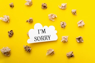 A yellow background with a white sign that says I'm sorry on it. The sign is surrounded by shredded paper, giving the impression of a messy or chaotic scene. Scene is one of apology or remorse clipart