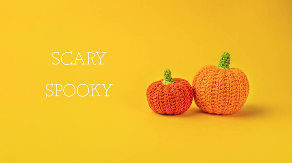 Two orange and green pumpkins with a yellow background and the words Scary Spooky written below them