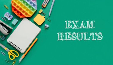 Exam results are written on a green background with a notebook, pens, and scissors. Concept of accomplishment and hard work, as the student has completed their exams clipart