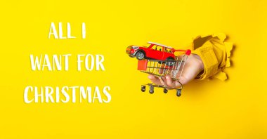 Alışveriş arabasında oyuncak bir arabayı tutarken tek istediğim aşağıda yazılan Noel yazıları.
