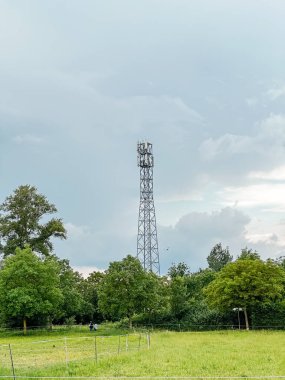 Üzerinde cep telefonu anteni olan uzun kule tarlada duruyor. Gökyüzü bulutlu ve çimenler yeşil