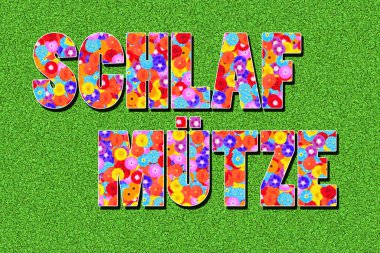 Almanca kelime Schlafmuetze, uykulu kafa, yeşil arka planda çiçekler ile yazılmış, grafik, illüstrasyon