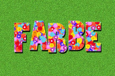 Almanca kelime Farbe, renk, yeşil arka planda çiçekler, grafik, illüstrasyon