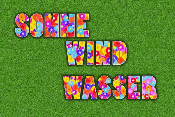 german words Sonne, Wind, Wasser, english Sun, Wind, Water written with colorful flowers
