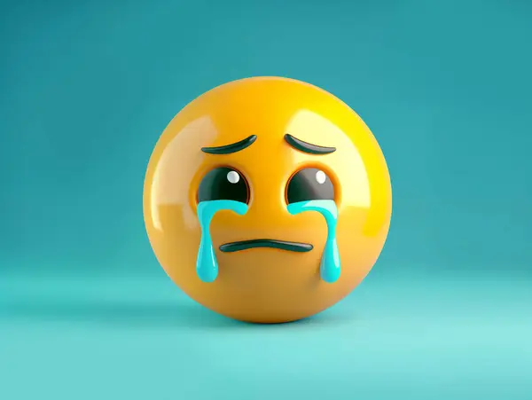 Crying cartoon emoji on blue background with big tears in his eyes