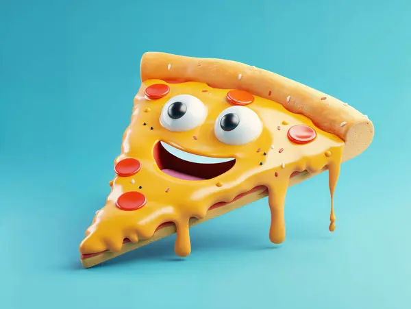 Pizza cartoon emoji on blue background with various toppings and big eyes