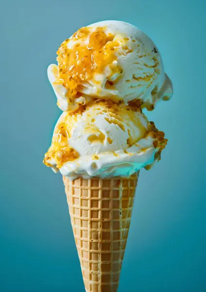 两勺柠檬冰淇淋在冰淇淋锥蓝色背景上隔离 — 图库照片
