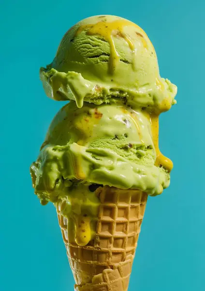 トップアイスクリームコーンブルーの背景にピスタチオアイスクリームの2つのスクープ — ストック写真